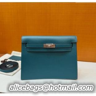 Top Design Hermes Kelly Danse Bag 22cm in Evercolor Leather W0 Bosphorus H1401 Green/Silver (Handmade)