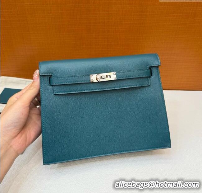Top Design Hermes Kelly Danse Bag 22cm in Evercolor Leather W0 Bosphorus H1401 Green/Silver (Handmade)