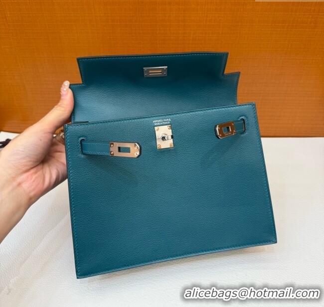 Top Design Hermes Kelly Danse Bag 22cm in Evercolor Leather W0 Bosphorus H1401 Green/Silver (Handmade)