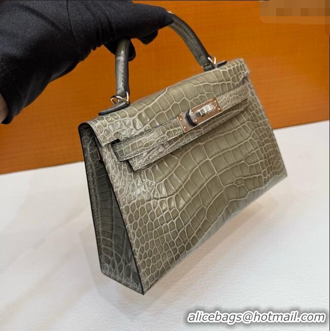 Well Crafted Hermes Mini Kelly II Bag 19cm in Original Shiny Alligator CK81 Turtledove H20 Grey/Silver 2025 (Full Handma