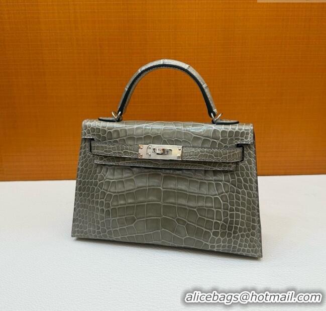 Well Crafted Hermes Mini Kelly II Bag 19cm in Original Shiny Alligator CK81 Turtledove H20 Grey/Silver 2025 (Full Handma