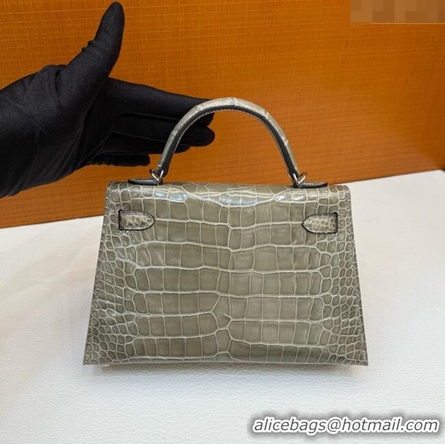 Well Crafted Hermes Mini Kelly II Bag 19cm in Original Shiny Alligator CK81 Turtledove H20 Grey/Silver 2025 (Full Handma