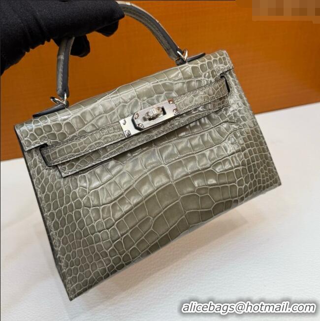 Well Crafted Hermes Mini Kelly II Bag 19cm in Original Shiny Alligator CK81 Turtledove H20 Grey/Silver 2025 (Full Handma