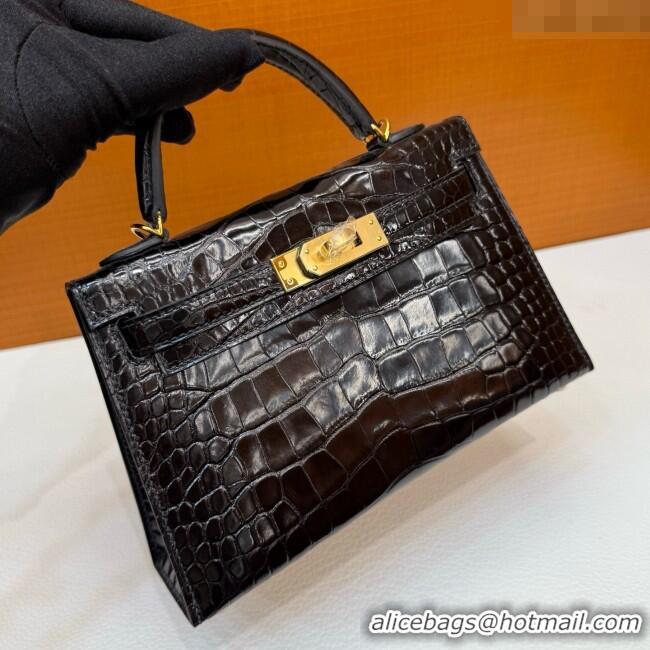 Discount Hermes Mini Kelly II Bag 19cm in Original Shiny Alligator CK89 H20 Black/Gold 2025 (Full Handmade)
