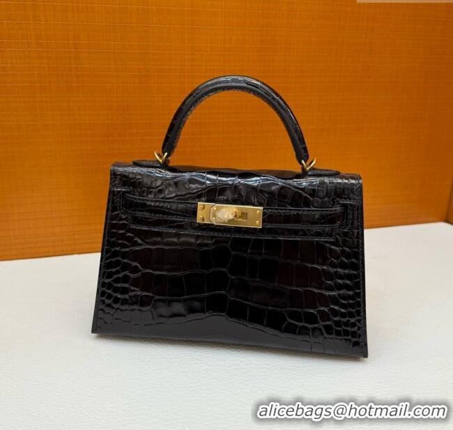 Discount Hermes Mini Kelly II Bag 19cm in Original Shiny Alligator CK89 H20 Black/Gold 2025 (Full Handmade)