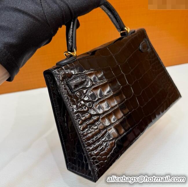 Discount Hermes Mini Kelly II Bag 19cm in Original Shiny Alligator CK89 H20 Black/Gold 2025 (Full Handmade)