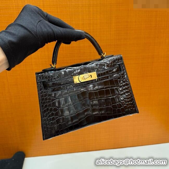 Discount Hermes Mini Kelly II Bag 19cm in Original Shiny Alligator CK89 H20 Black/Gold 2025 (Full Handmade)