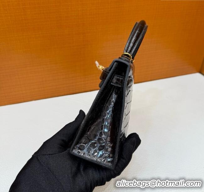 Discount Hermes Mini Kelly II Bag 19cm in Original Shiny Alligator CK89 H20 Black/Gold 2025 (Full Handmade)