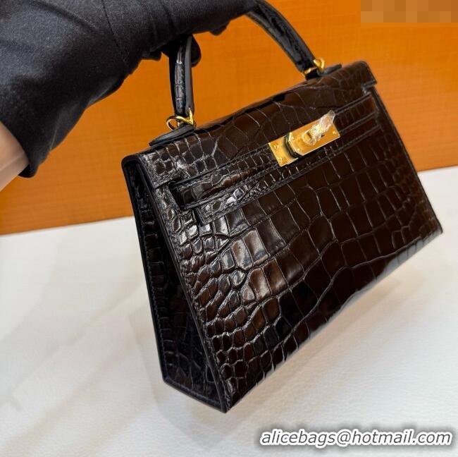 Discount Hermes Mini Kelly II Bag 19cm in Original Shiny Alligator CK89 H20 Black/Gold 2025 (Full Handmade)
