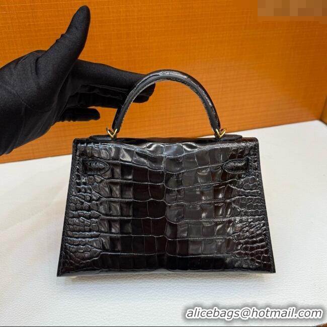 Discount Hermes Mini Kelly II Bag 19cm in Original Shiny Alligator CK89 H20 Black/Gold 2025 (Full Handmade)