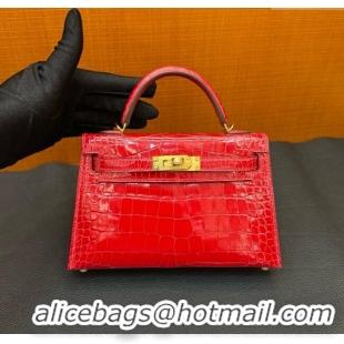 Shop Grade Hermes Mini Kelly II Bag 19cm in Original Shiny Alligator CK95 H20 Ferrari Red/Gold 2025 (Full Handmade)