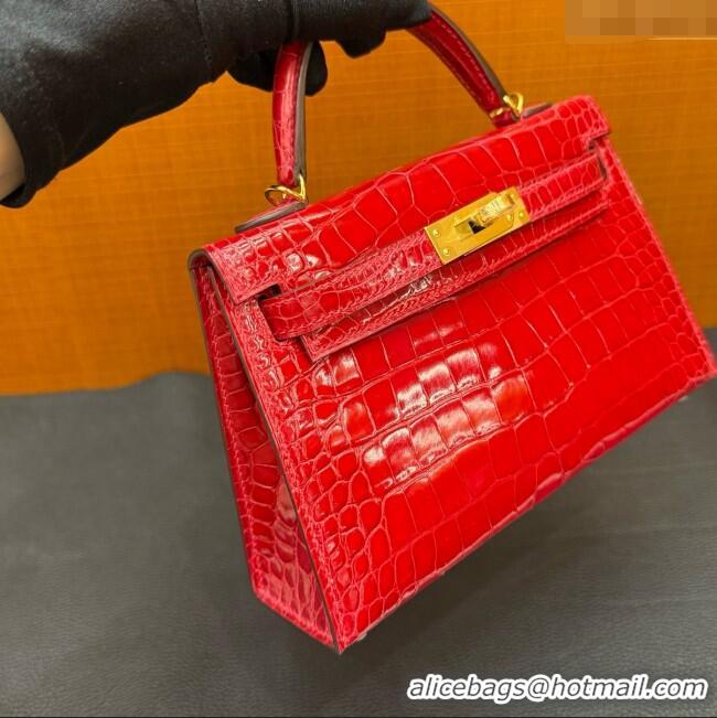 Shop Grade Hermes Mini Kelly II Bag 19cm in Original Shiny Alligator CK95 H20 Ferrari Red/Gold 2025 (Full Handmade)