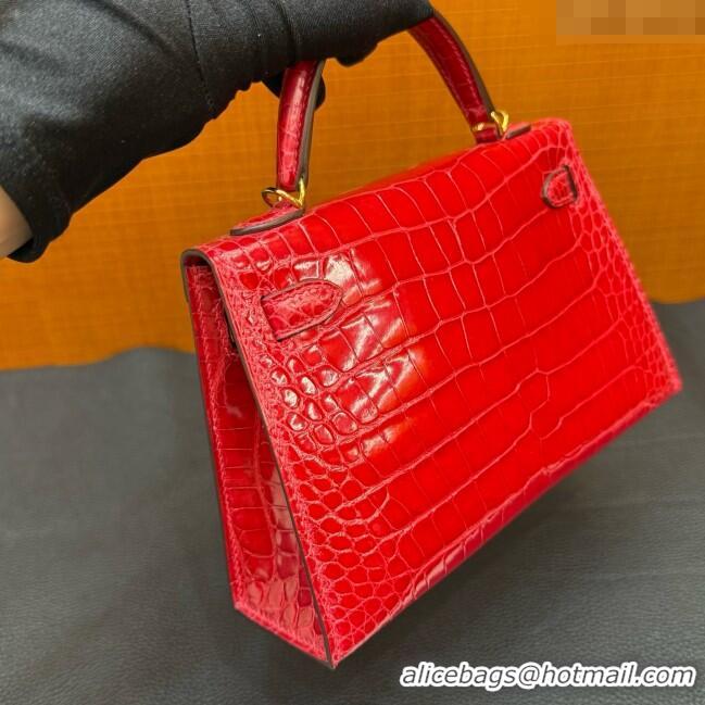 Shop Grade Hermes Mini Kelly II Bag 19cm in Original Shiny Alligator CK95 H20 Ferrari Red/Gold 2025 (Full Handmade)
