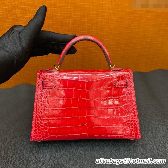 Shop Grade Hermes Mini Kelly II Bag 19cm in Original Shiny Alligator CK95 H20 Ferrari Red/Gold 2025 (Full Handmade)
