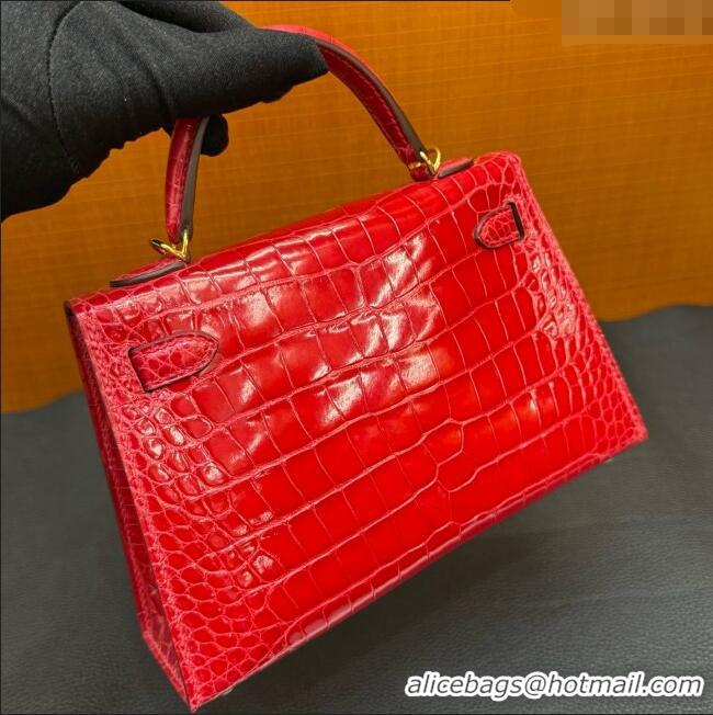 Shop Grade Hermes Mini Kelly II Bag 19cm in Original Shiny Alligator CK95 H20 Ferrari Red/Gold 2025 (Full Handmade)