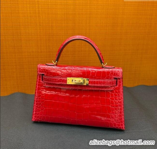 Shop Grade Hermes Mini Kelly II Bag 19cm in Original Shiny Alligator CK95 H20 Ferrari Red/Gold 2025 (Full Handmade)