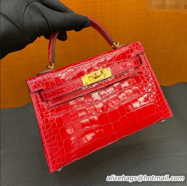 Shop Grade Hermes Mini Kelly II Bag 19cm in Original Shiny Alligator CK95 H20 Ferrari Red/Gold 2025 (Full Handmade)