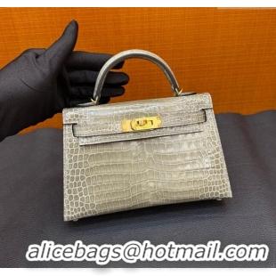 Best Quality Hermes Mini Kelly II Bag 19cm in Original Shiny Porosus Crocodile Leather CK81 H20 Turtledove Grey/Gold 202