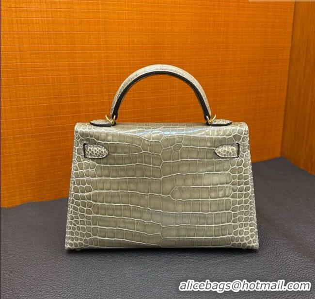 Best Quality Hermes Mini Kelly II Bag 19cm in Original Shiny Porosus Crocodile Leather CK81 H20 Turtledove Grey/Gold 202