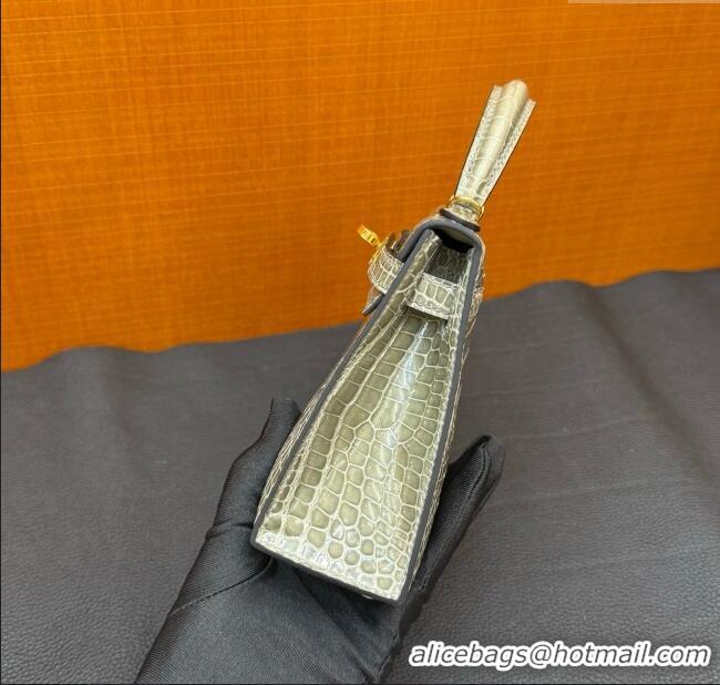 Best Quality Hermes Mini Kelly II Bag 19cm in Original Shiny Porosus Crocodile Leather CK81 H20 Turtledove Grey/Gold 202