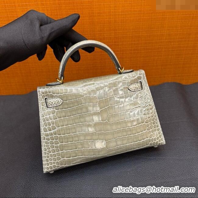Best Quality Hermes Mini Kelly II Bag 19cm in Original Shiny Porosus Crocodile Leather CK81 H20 Turtledove Grey/Gold 202