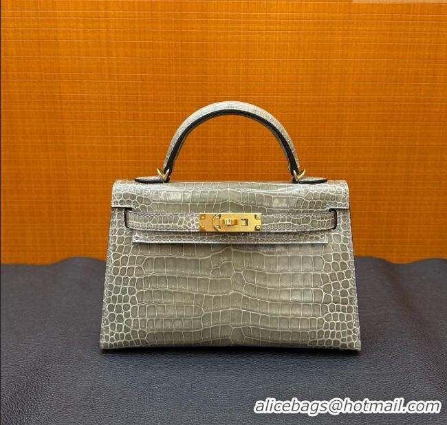 Best Quality Hermes Mini Kelly II Bag 19cm in Original Shiny Porosus Crocodile Leather CK81 H20 Turtledove Grey/Gold 202