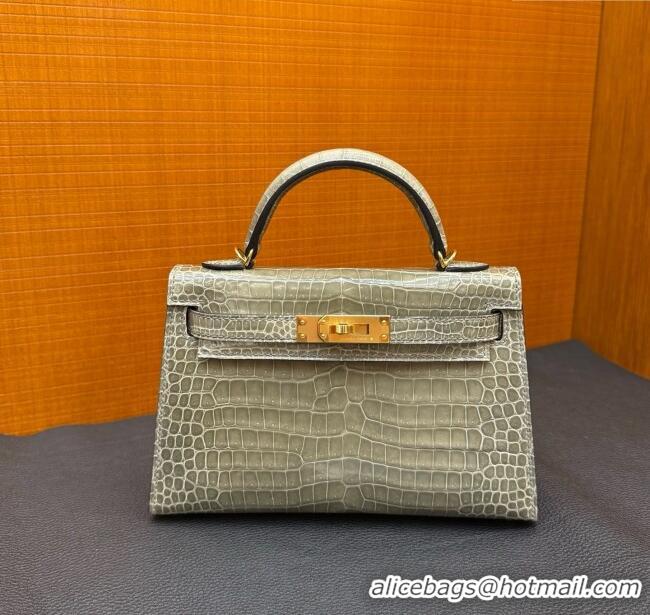 Best Quality Hermes Mini Kelly II Bag 19cm in Original Shiny Porosus Crocodile Leather CK81 H20 Turtledove Grey/Gold 202