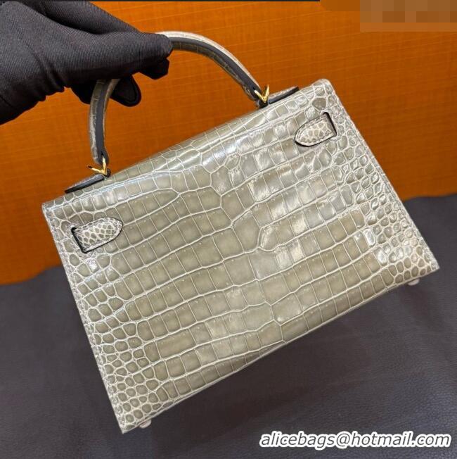 Best Quality Hermes Mini Kelly II Bag 19cm in Original Shiny Porosus Crocodile Leather CK81 H20 Turtledove Grey/Gold 202