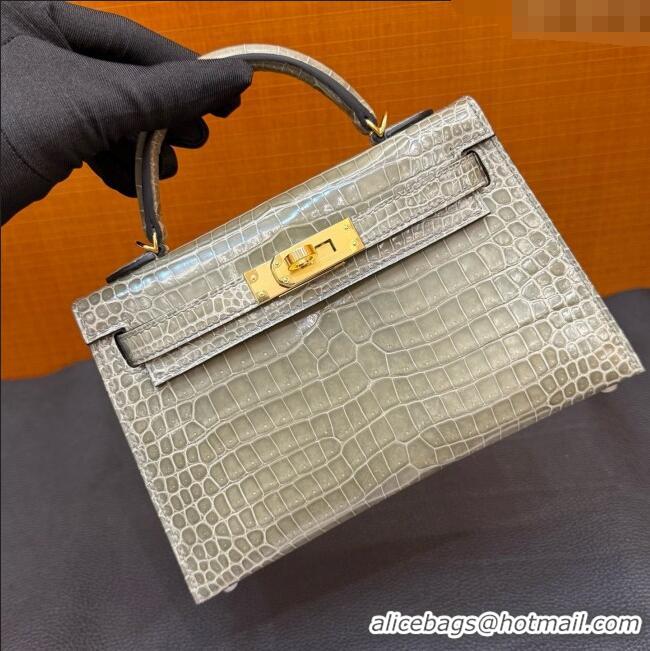 Best Quality Hermes Mini Kelly II Bag 19cm in Original Shiny Porosus Crocodile Leather CK81 H20 Turtledove Grey/Gold 202