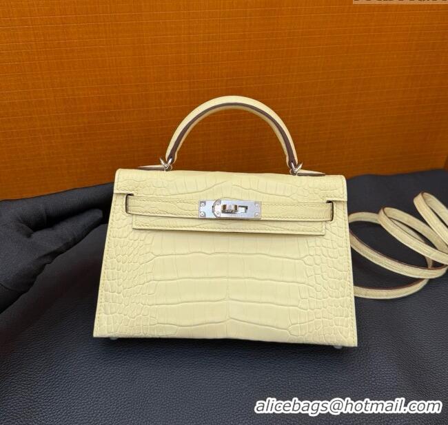 New Fashion Hermes Mini Kelly II Bag 19cm in Original Matte Alligator Leather Y1 H20 Vanilla Yellow/Silver 2025