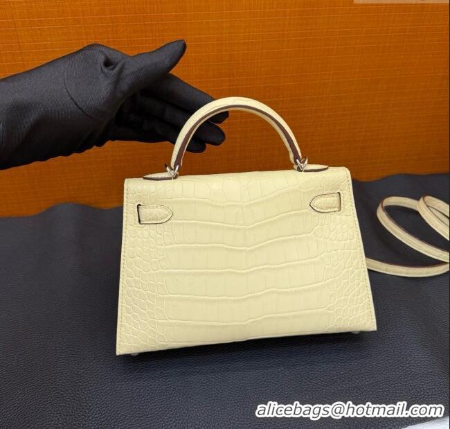 New Fashion Hermes Mini Kelly II Bag 19cm in Original Matte Alligator Leather Y1 H20 Vanilla Yellow/Silver 2025