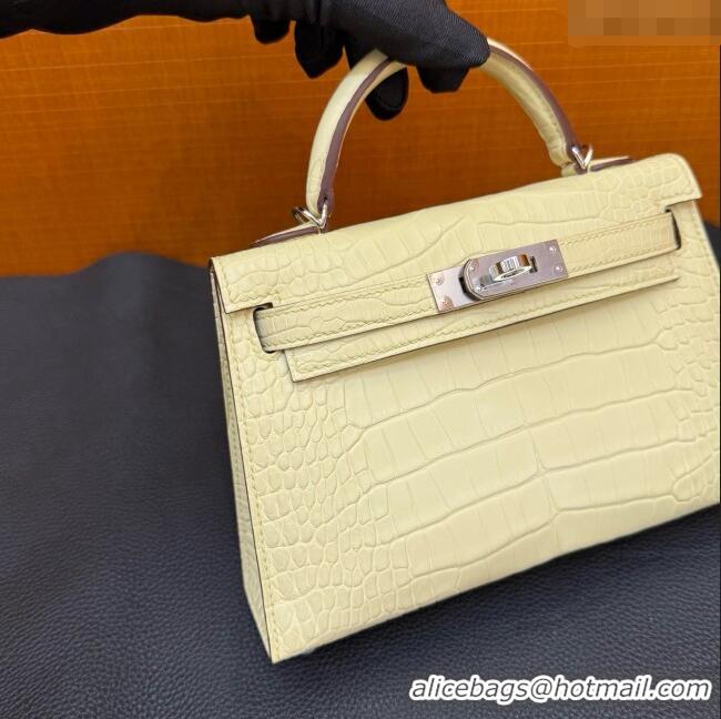 New Fashion Hermes Mini Kelly II Bag 19cm in Original Matte Alligator Leather Y1 H20 Vanilla Yellow/Silver 2025