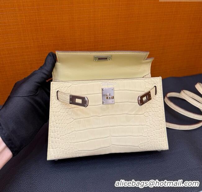 New Fashion Hermes Mini Kelly II Bag 19cm in Original Matte Alligator Leather Y1 H20 Vanilla Yellow/Silver 2025