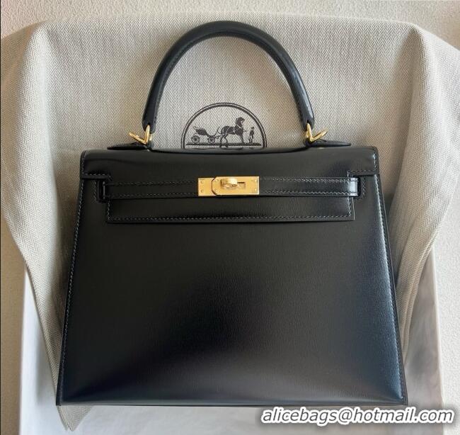Famous Brand Hermes Kelly Sellier 25cm Bag in Original Box Leather HK25 Black/Gold 2025 (Full Handmade)