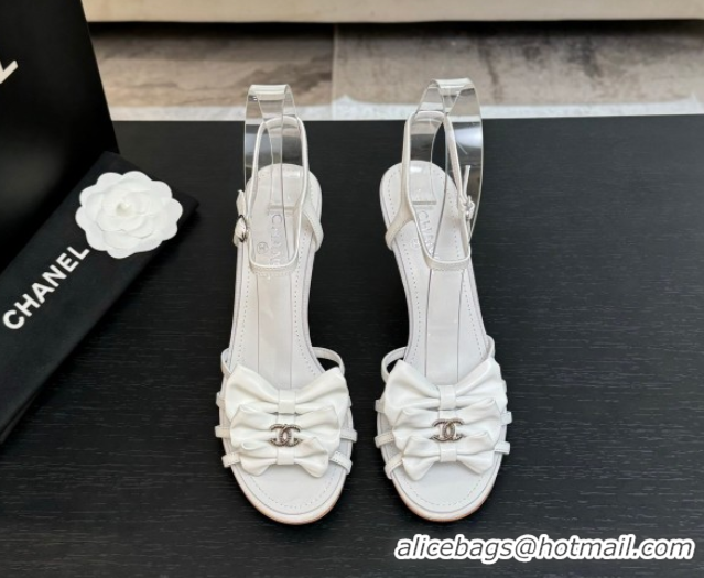 Best Grade Chanel Lambskin Heel Sandals with Double Bow White 2025 CH061019