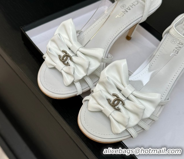 Best Grade Chanel Lambskin Heel Sandals with Double Bow White 2025 CH061019