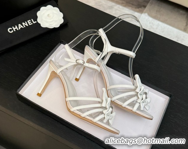 Best Grade Chanel Lambskin Heel Sandals with Double Bow White 2025 CH061019
