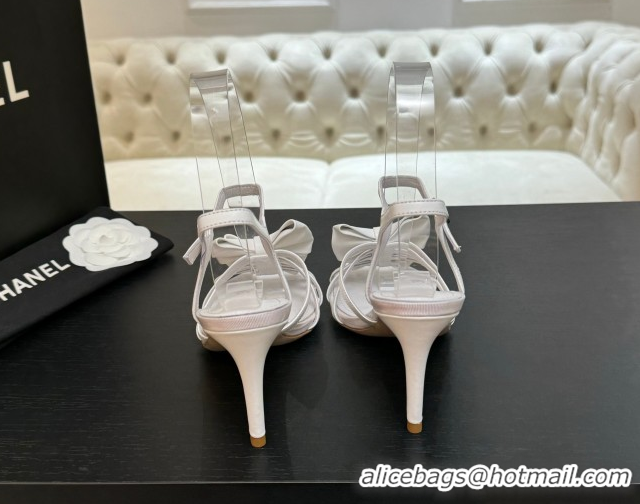 Best Grade Chanel Lambskin Heel Sandals with Double Bow White 2025 CH061019