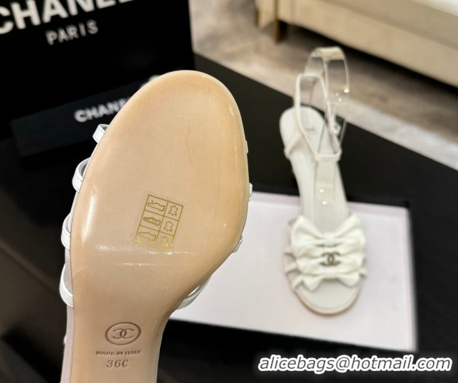 Best Grade Chanel Lambskin Heel Sandals with Double Bow White 2025 CH061019