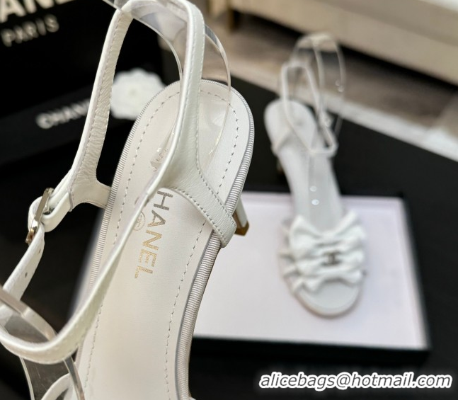 Best Grade Chanel Lambskin Heel Sandals with Double Bow White 2025 CH061019