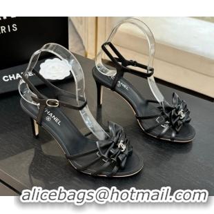 Unique Style Chanel Lambskin Heel Sandals with Double Bow Black 2025 CH061019