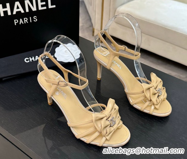 Low Price Chanel Lambskin Heel Sandals with Double Bow Beige 2025 CH061019