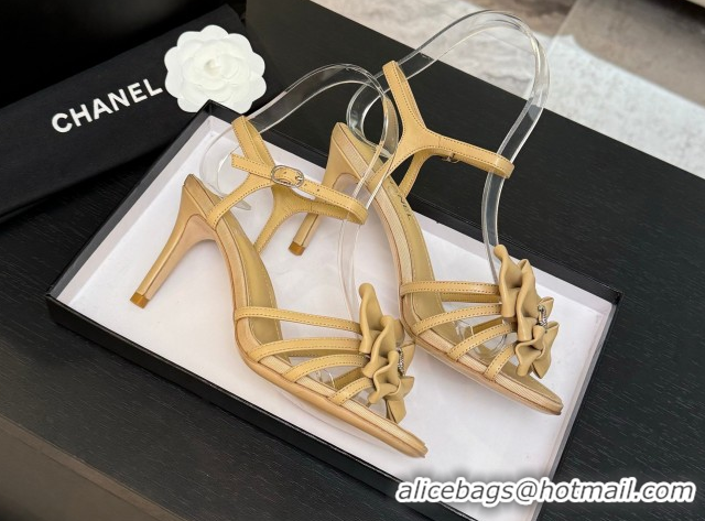 Low Price Chanel Lambskin Heel Sandals with Double Bow Beige 2025 CH061019