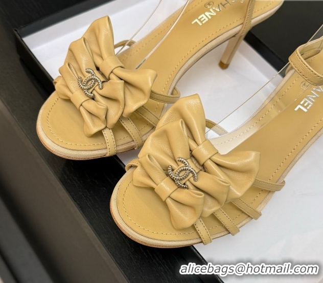 Low Price Chanel Lambskin Heel Sandals with Double Bow Beige 2025 CH061019