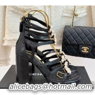 Grade Quality Chanel Calfskin Heel Strap Sandals with Pearl Bloom Black 2025 CH061020