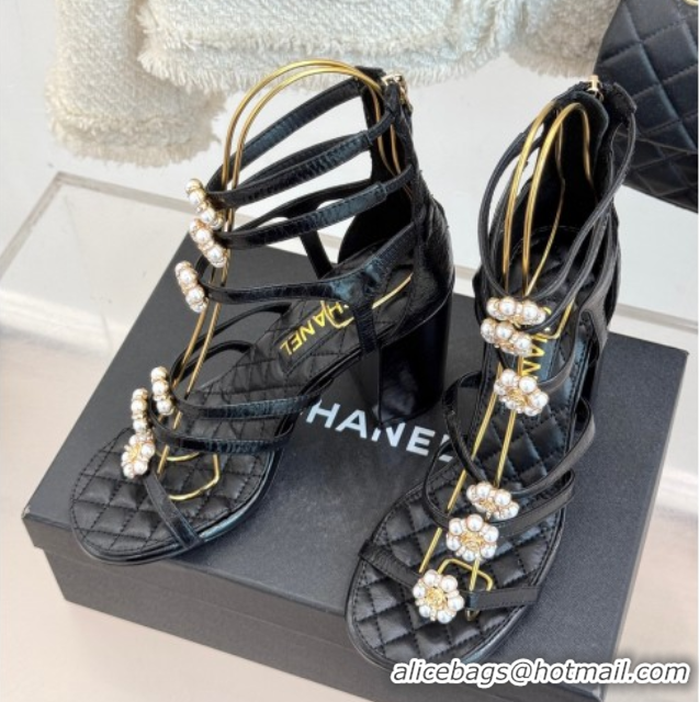 Grade Quality Chanel Calfskin Heel Strap Sandals with Pearl Bloom Black 2025 CH061020