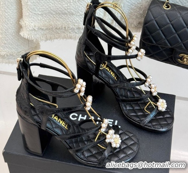 Grade Quality Chanel Calfskin Heel Strap Sandals with Pearl Bloom Black 2025 CH061020