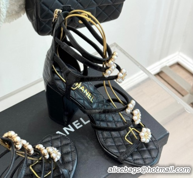 Grade Quality Chanel Calfskin Heel Strap Sandals with Pearl Bloom Black 2025 CH061020