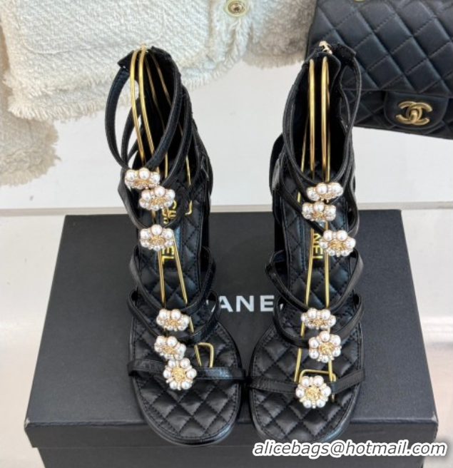 Grade Quality Chanel Calfskin Heel Strap Sandals with Pearl Bloom Black 2025 CH061020