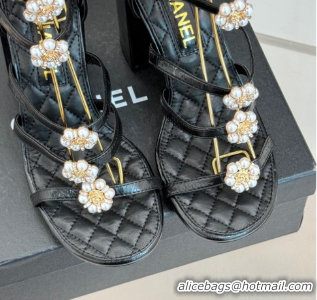 Grade Quality Chanel Calfskin Heel Strap Sandals with Pearl Bloom Black 2025 CH061020